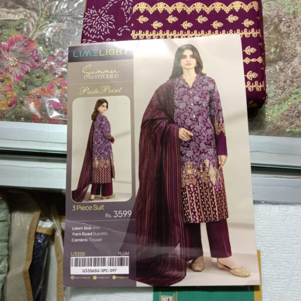3 Piece Lawn Suit-Paste Print (Unstitched)-Plum - Image 2